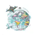 A traditional tattoo depicting a spaceship flying over a map of the world, symbolizing your love for travelling and exploring tattoo design idea