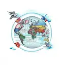 A traditional tattoo depicting a spaceship flying over a map of the world, symbolizing your love for travelling and exploring tattoo design idea