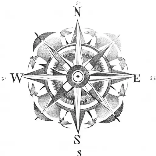 A compass rose surrounded by a wreath of ocean flowers, symbolizing guidance and tranquility tattoo design idea