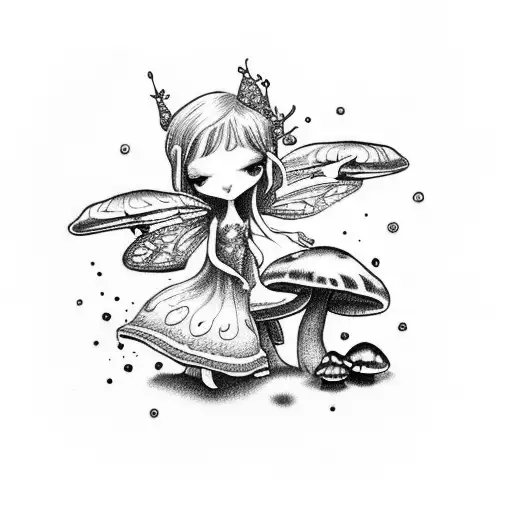 fairy cute with mushrooms tattoo design idea