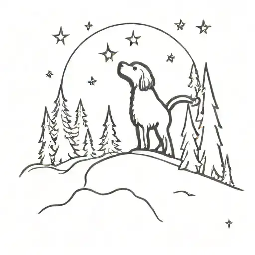 A silhouette of a goldendoodle howling at the moon in a redwood forest tattoo design idea