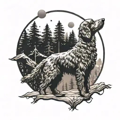 A silhouette of a goldendoodle howling at the moon in a redwood forest tattoo design idea
