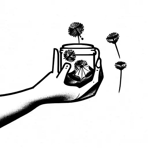 Jar with pinky promise symbol with dandelion petals tattoo design idea