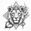 lion head with a diamond necklace in middle forehead looking out of Lillie's  tattoo design idea