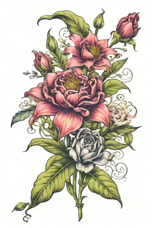 January birth flower, February birth flower, March birth flower, and June birth flower bouqet tattoo design idea