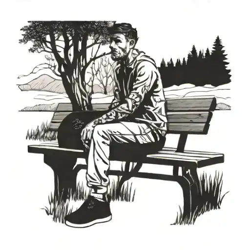 Surreal tattoo of a lonely man sitting on a bench in front of a forest in the background tattoo design idea