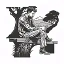 Surreal tattoo of a lonely man sitting on a bench in front of a forest in the background tattoo design idea
