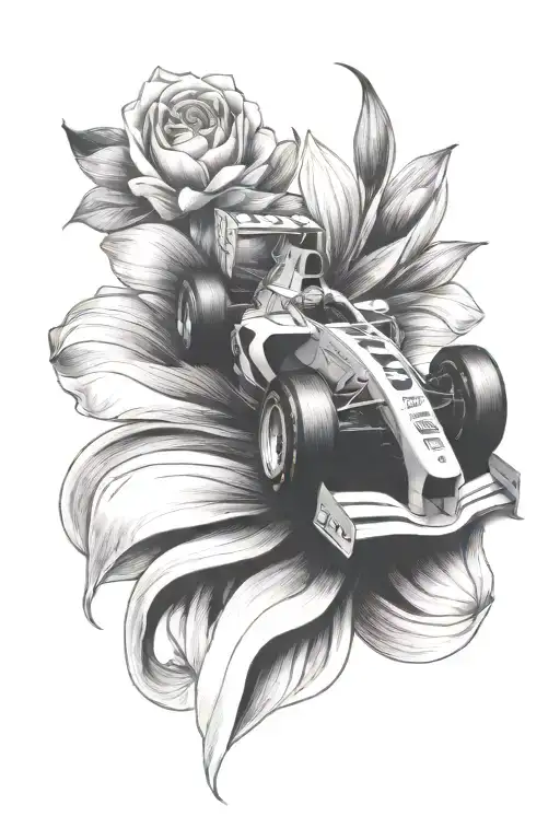 formula one race car driving out of a flower with checkered flag petals  tattoo design idea