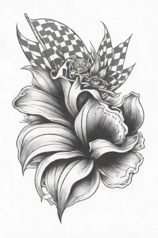 formula one racing flower with checkered flag petals  tattoo design idea