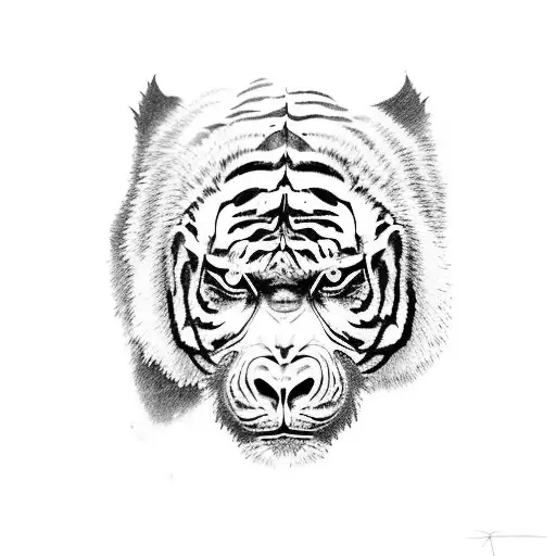 A gorilla and a tiger walking side by side with the gorilla having grey/blue eyes and the tiger having green eyes tattoo design idea