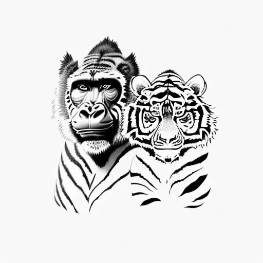 A gorilla and a tiger walking side by side with the gorilla having grey/blue eyes and the tiger having green eyes tattoo design idea