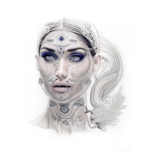 una chica joven bella con rasgos latinos, mirando fijo, con una mirada hipnotizante, con vestimenta gitana  tattoo design idea