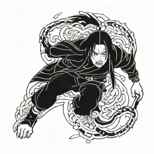 A dynamic and detailed portrait of Itachi using blackwork style tattoo design idea