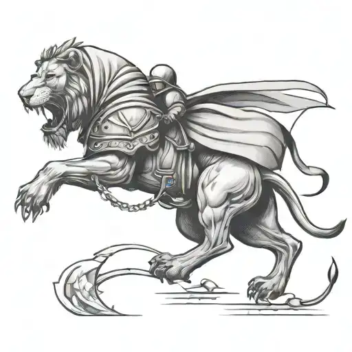 HOODED KNIGHT WALKING WITH A LION tattoo design idea