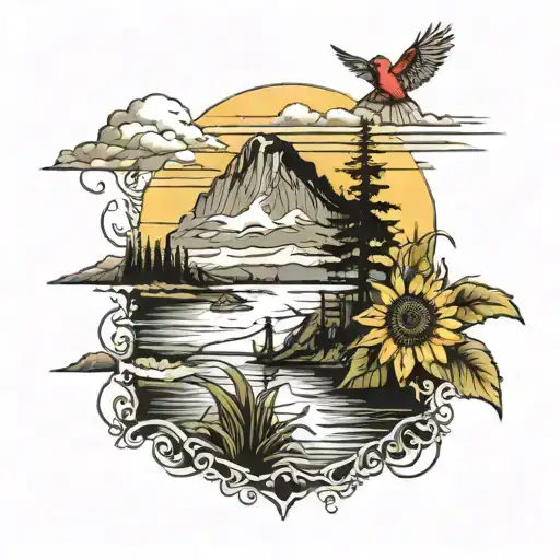 Tattoo of a beach scene with a fishing pier and a long range mt ranier with sunflower field at the base and cardinals fl tattoo design idea