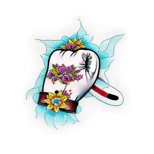 A fierce boxing glove surrounded by blooming flowers tattoo design idea