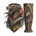 Fantasy medieval skyrim dragon knights arm sleeve tattoo design idea