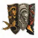 Fantasy medieval skyrim dragon knights arm sleeve tattoo design idea
