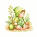 A baby in overalls walks holding hands with an animated cucumber through a forest with fir trees tattoo design idea