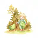 A baby in overalls walks holding hands with an animated cucumber through a forest with fir trees tattoo design idea