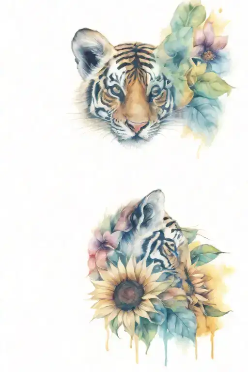 tiger cub face behind sunflowers tattoo design idea