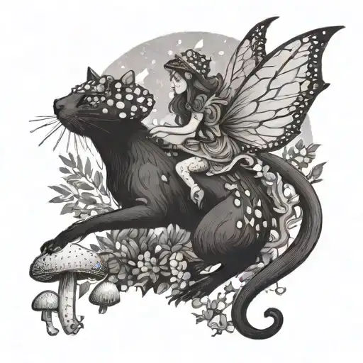 A fairy riding a magical cat through a forest of toadstools tattoo design idea