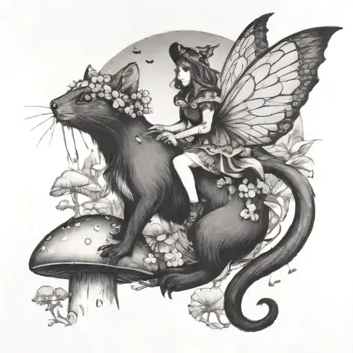 A fairy riding a magical cat through a forest of toadstools tattoo design idea