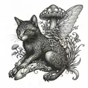 A fairy riding a magical cat through a forest of toadstools tattoo design idea