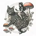 A fairy riding a magical cat through a forest of toadstools tattoo design idea