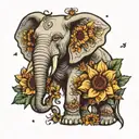 A traditional tattoo design of a majestic elephant adorned with sunflowers and butterflies, symbolizing strength, beauty, and the client's favorite things tattoo design idea
