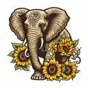 A traditional tattoo design of a majestic elephant adorned with sunflowers and butterflies, symbolizing strength, beauty, and the client's favorite things tattoo design idea