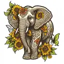 A traditional tattoo design of a majestic elephant adorned with sunflowers and butterflies, symbolizing strength, beauty, and the client's favorite things tattoo design idea