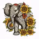 A traditional tattoo design of a majestic elephant adorned with sunflowers and butterflies, symbolizing strength, beauty, and the client's favorite things tattoo design idea