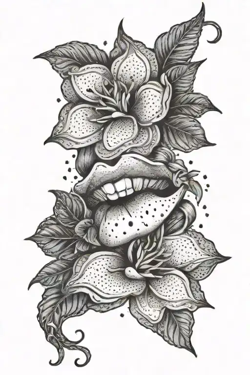 lips bitting flowers  tattoo design idea