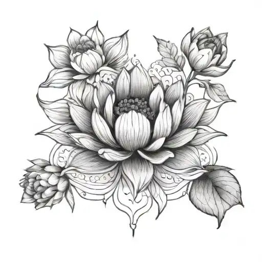 January, Feb, march and Oct birth flowers with lotus in middle tattoo design idea