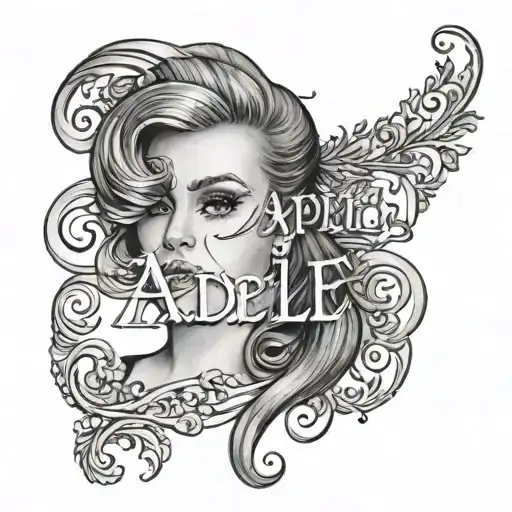 A portrait of Adele with her name in elegant script underneath tattoo design idea