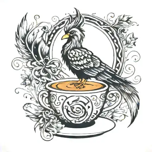 A phoenix rising from a coffee cup, with paintbrushes and musical notes scattered around, representing the client's passion for arts and coffee. tattoo design idea