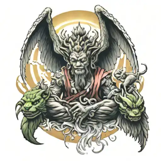 Angel wing, Demon face, buddha floating, Asura God Japanese, Dragons, Phoenix, Ycnágnnisssz, sun wukong, Gigantopithecus tattoo design idea