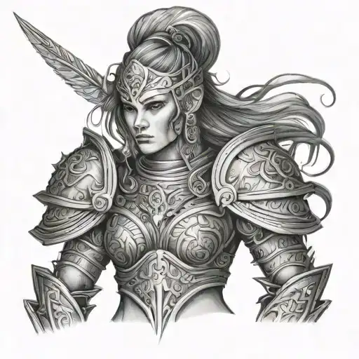 A female warrior with intricate armor inspired by mythology, symbolizing strength and empowerment tattoo design idea
