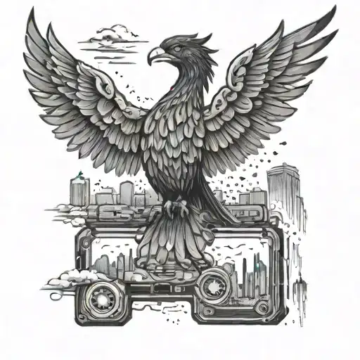 A phoenix flying over a city skyline made of beer bottles and gaming consoles tattoo design idea