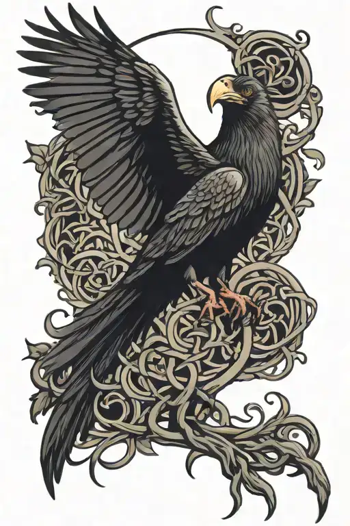flying raven celtic knot roots surrounded tattoo design idea