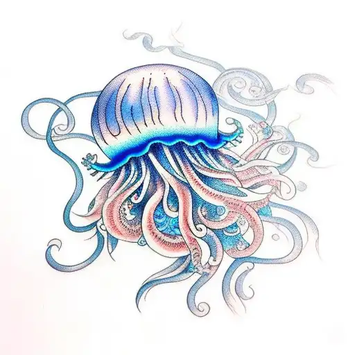 A mesmerizing jellyfish with intricate details and shades of blue floating gracefully in the depths of the ocean tattoo design idea