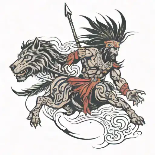 indian hunter throwing spear, muscular figure  tattoo design idea