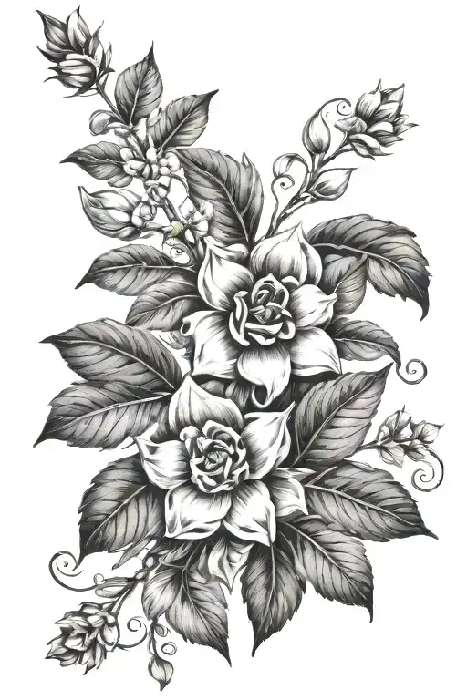 flor de maga branch surround by names intertwined tattoo design idea