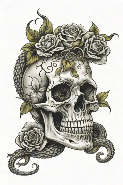 skull with rotting snake and rotting flowers tattoo design idea