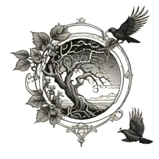 an art nouveau style arch window, framing a scene of a windswept beech tree, with a silhouette of a bird in the sky  tattoo design idea