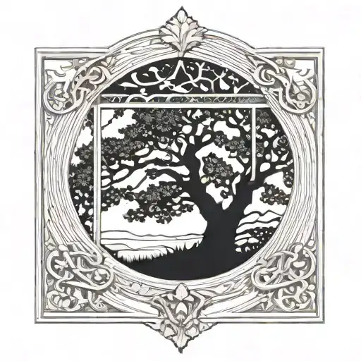an art nouveau style window, framing a scene of a windswept beech tree, with a silhouette of tattoo design idea