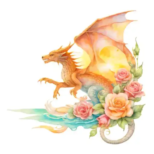 dragon and wolf with roses background, on sunset beach with flying butterflies. tattoo design idea