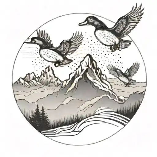 A dotwork tattoo of a family of ducks flying over a mountain range at sunrise, with a subtle football motif in the background tattoo design idea