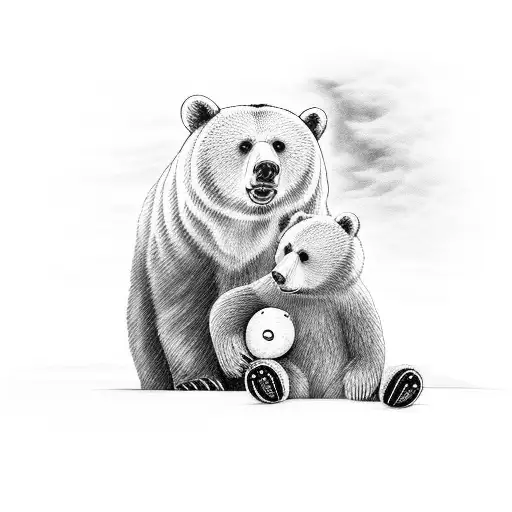 A mother bear cuddling her teddy bear cub in a black and grey realistic style tattoo design idea